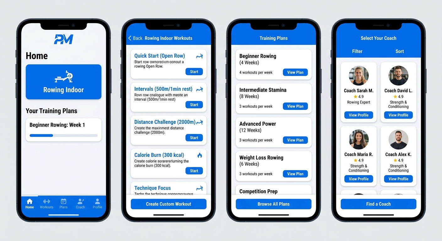 Interface do app Personal Millbody no celular com opções de treino para remo indoor e seleção de personal trainer