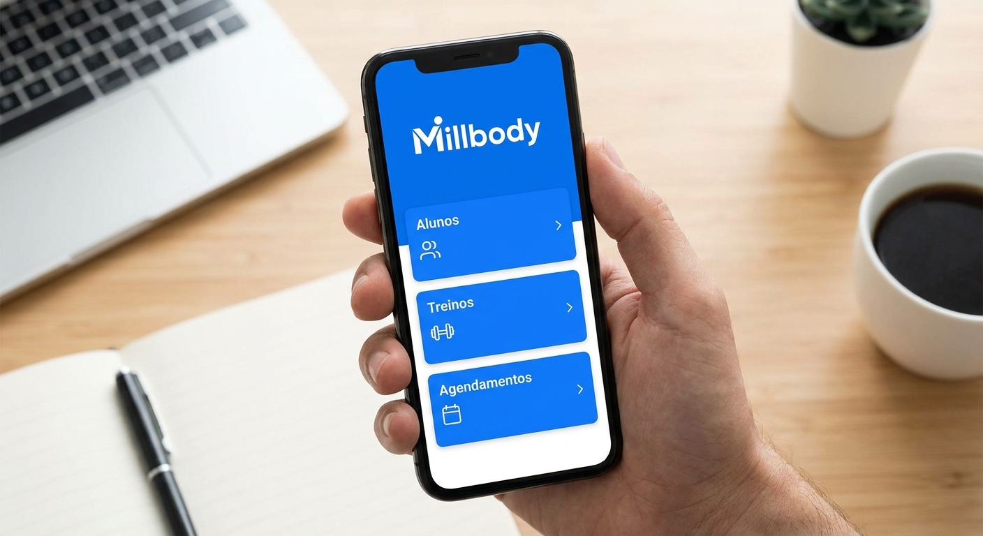 Mockup do aplicativo Personal Millbody sendo usado por um coach de performance cognitiva