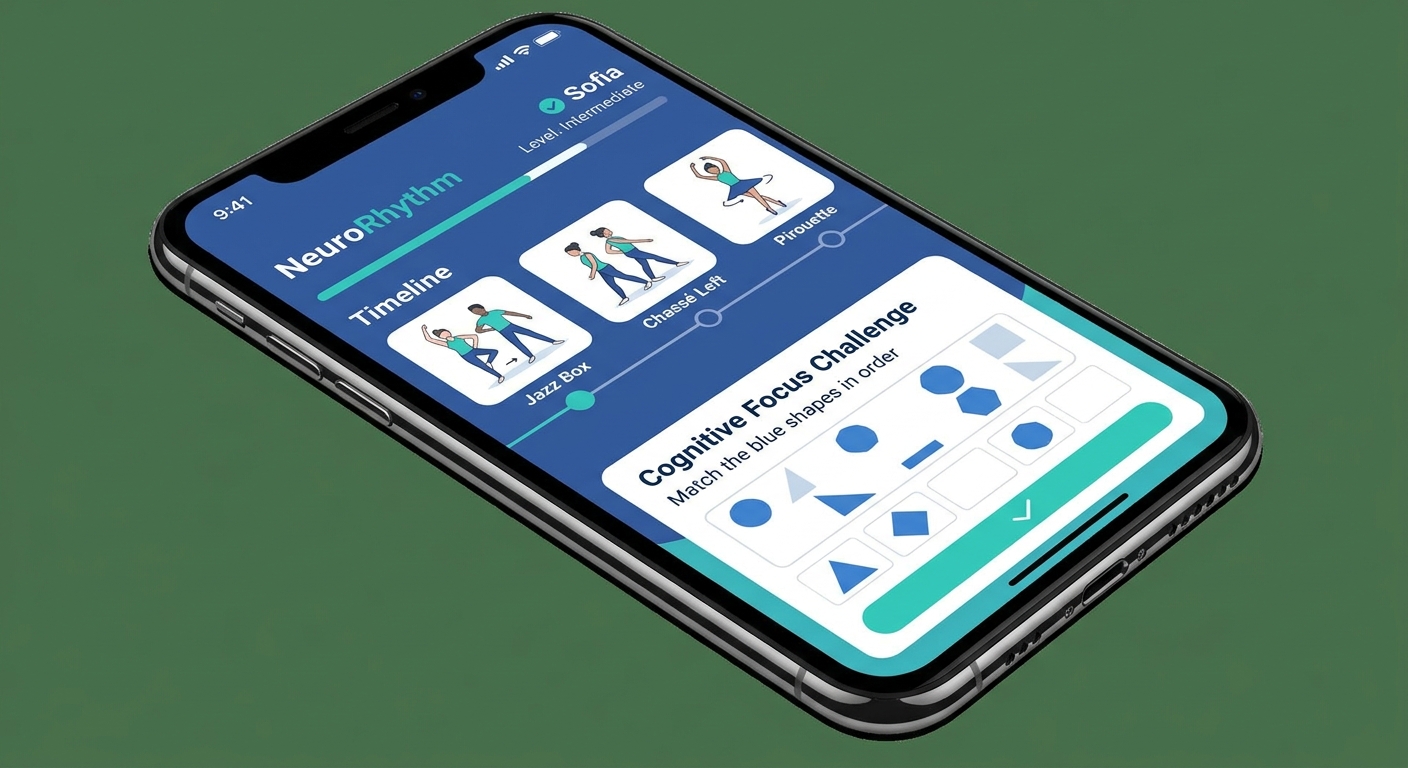 Tela do app Millbody mostrando treino de dança com exercício de foco cognitivo