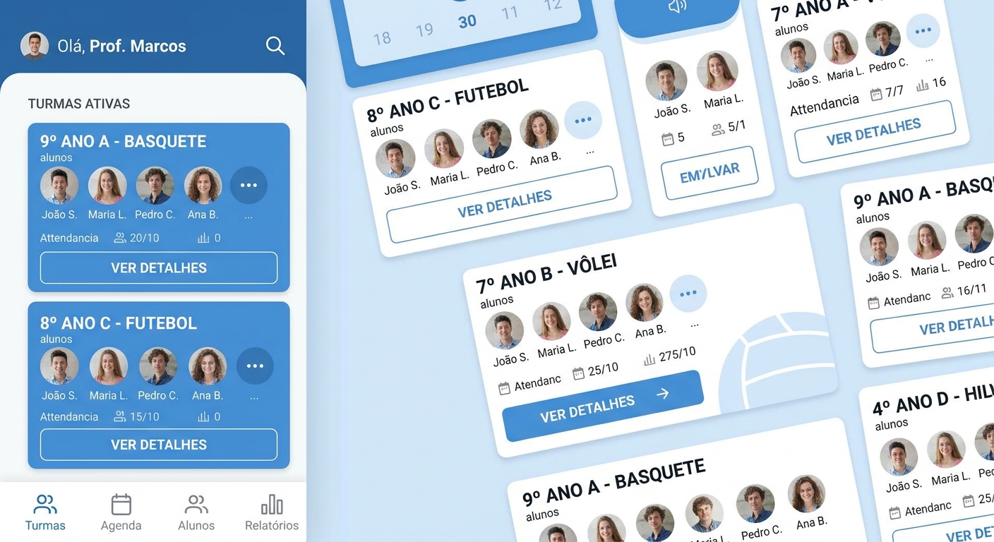 Interface do aplicativo Personal Millbody mostrando grade de turmas escolares e nomes de alunos, layout clean e organizado