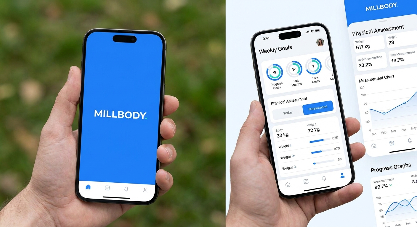 Tela do app Personal Millbody mostrando metas e avaliações - plataforma para personal trainer