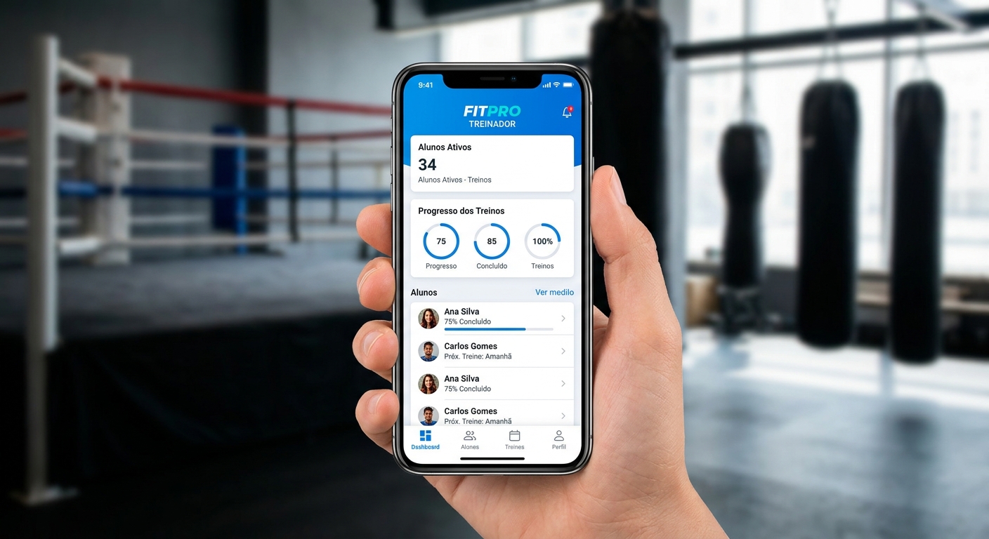 App Personal Millbody mostrando tela de alunos para coach de performance cognitiva de boxe