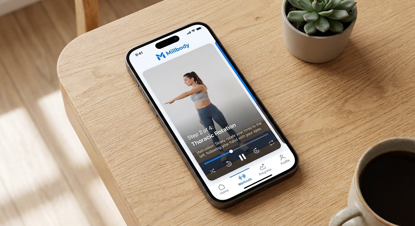 Tela do app Personal Millbody exibindo vídeo passo a passo de exercício de mobilidade articular para personal trainer
