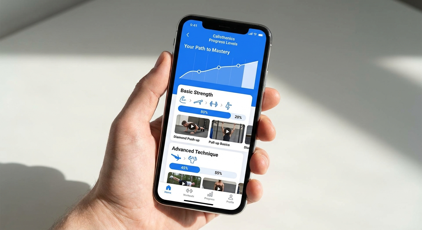 Níveis de progresso e registro em vídeo no app Millbody, plataforma para personal trainer de calistenia App Millbody mostrando tela de níveis de progresso e registro em vídeo para instrutor de calistenia usando plataforma para personal trainer