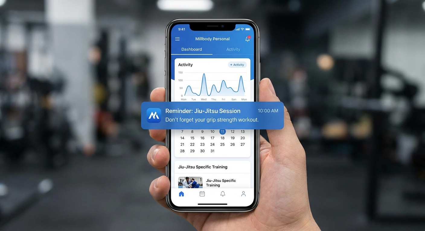 Alerta personalizado no app Millbody para aluno de Jiu-Jitsu
