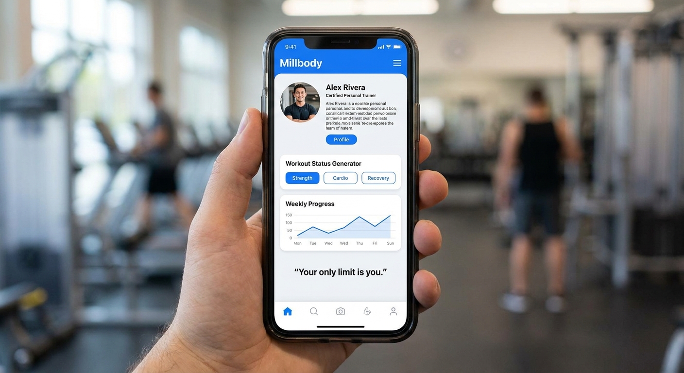 App Millbody gerando status personalizado para personal trainer com nome do aluno e frases motivacionais