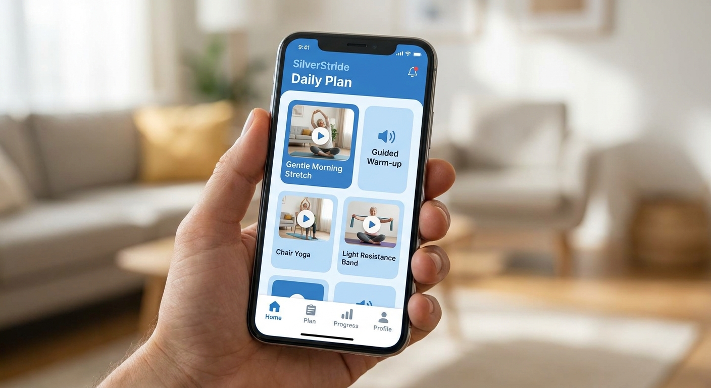 App Personal Millbody - Plano Suave para Terceira Idade App Personal Millbody mostrando plano de treino suave para terceira idade com interface de vídeo e áudio