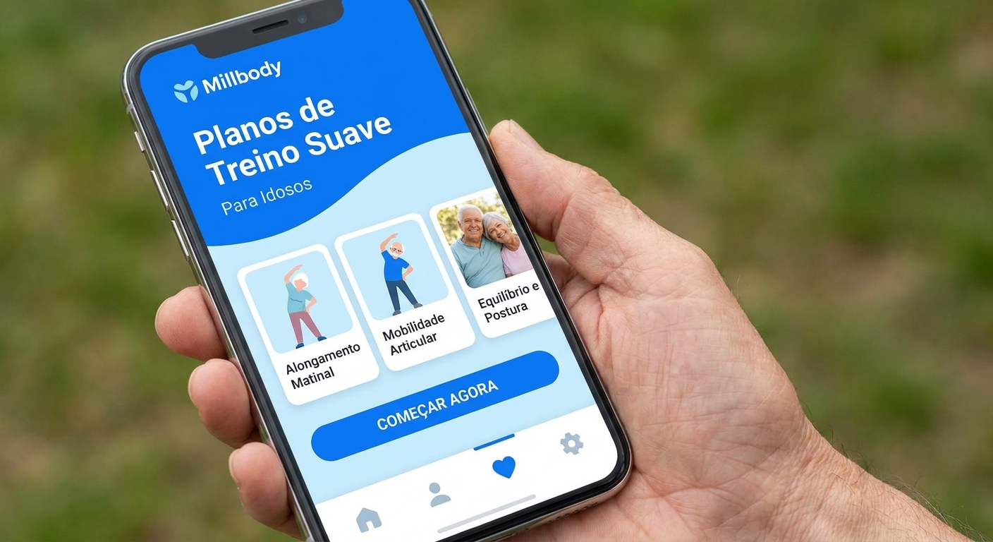 Print do app Millbody mostrando planos de treino suaves e acessíveis para idosos