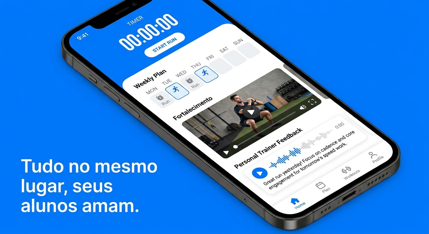 Tela do app Millbody mostrando plano semanal de treinos de corrida com vídeo embutido e feedback do personal