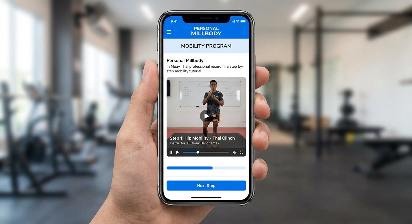 Personal trainer usando o aplicativo Personal Millbody para enviar vídeo passo a passo de mobilidade articular