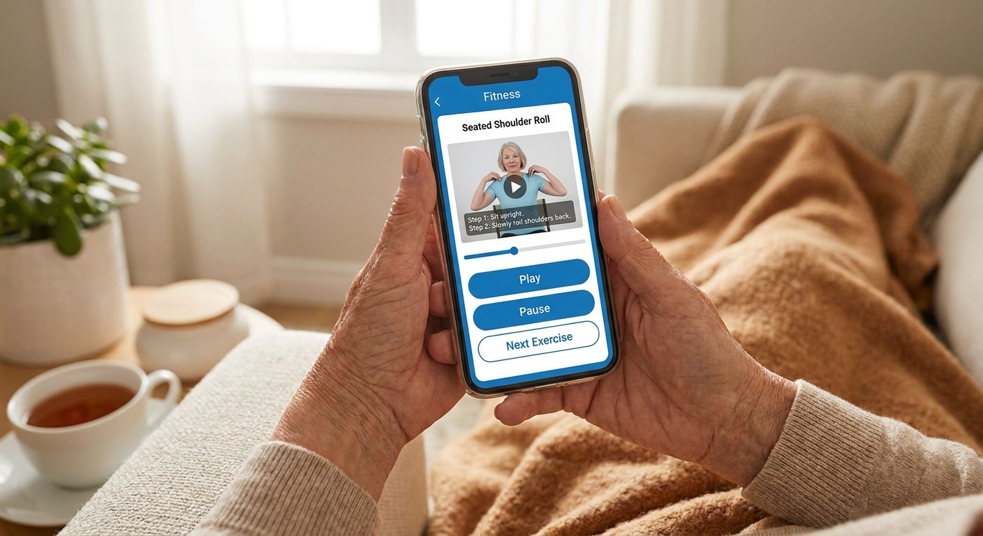 Aplicativo de mobilidade articular sendo usado por idoso em smartphone com interface limpa e intuitiva
