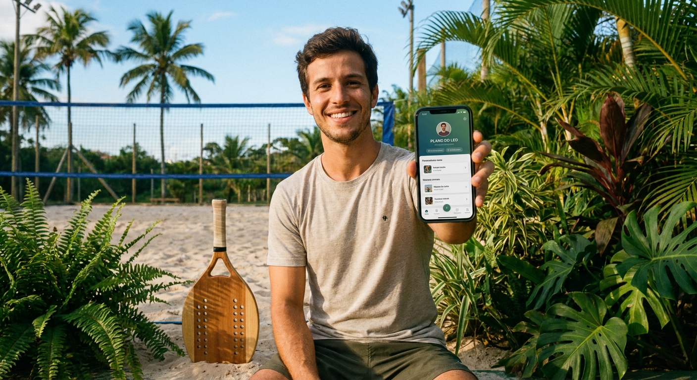 Personal trainer usando um app de treino para personal trainer na quadra de beach tennis