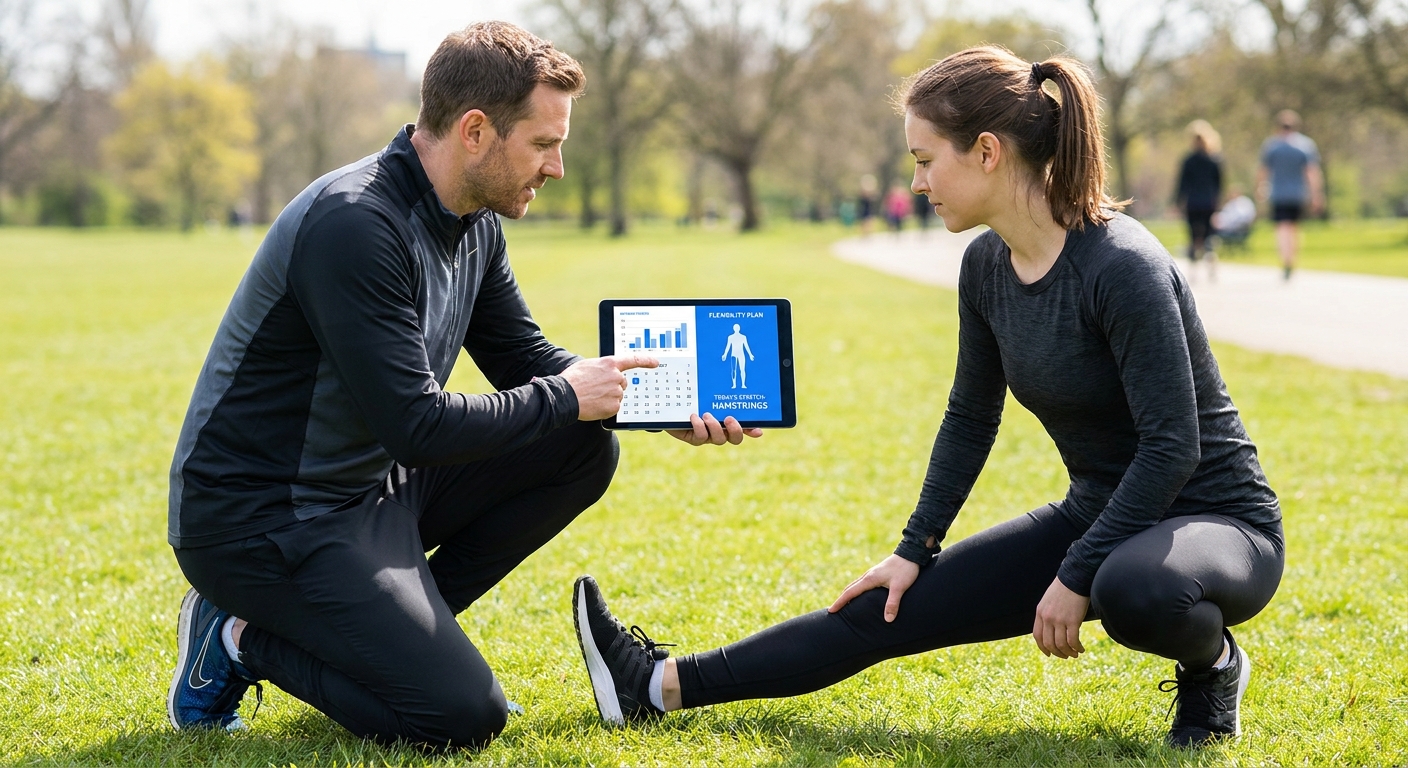 App para personal trainer - Coach de corrida e mobilidade Coach de corrida usando app para personal trainer com aluno alongando ao ar livre