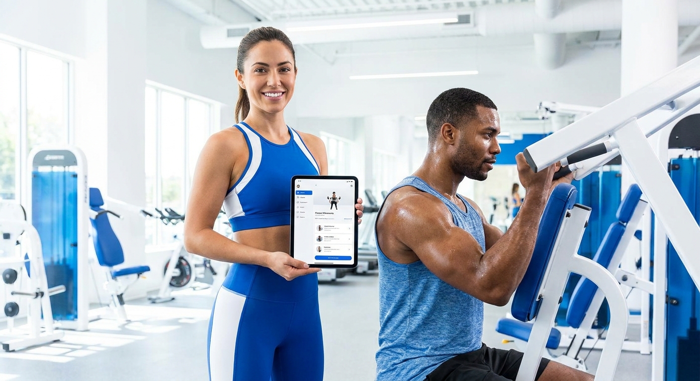 App para personal trainer Millbody sendo utilizado por personal trainer e aluno motivado na academia