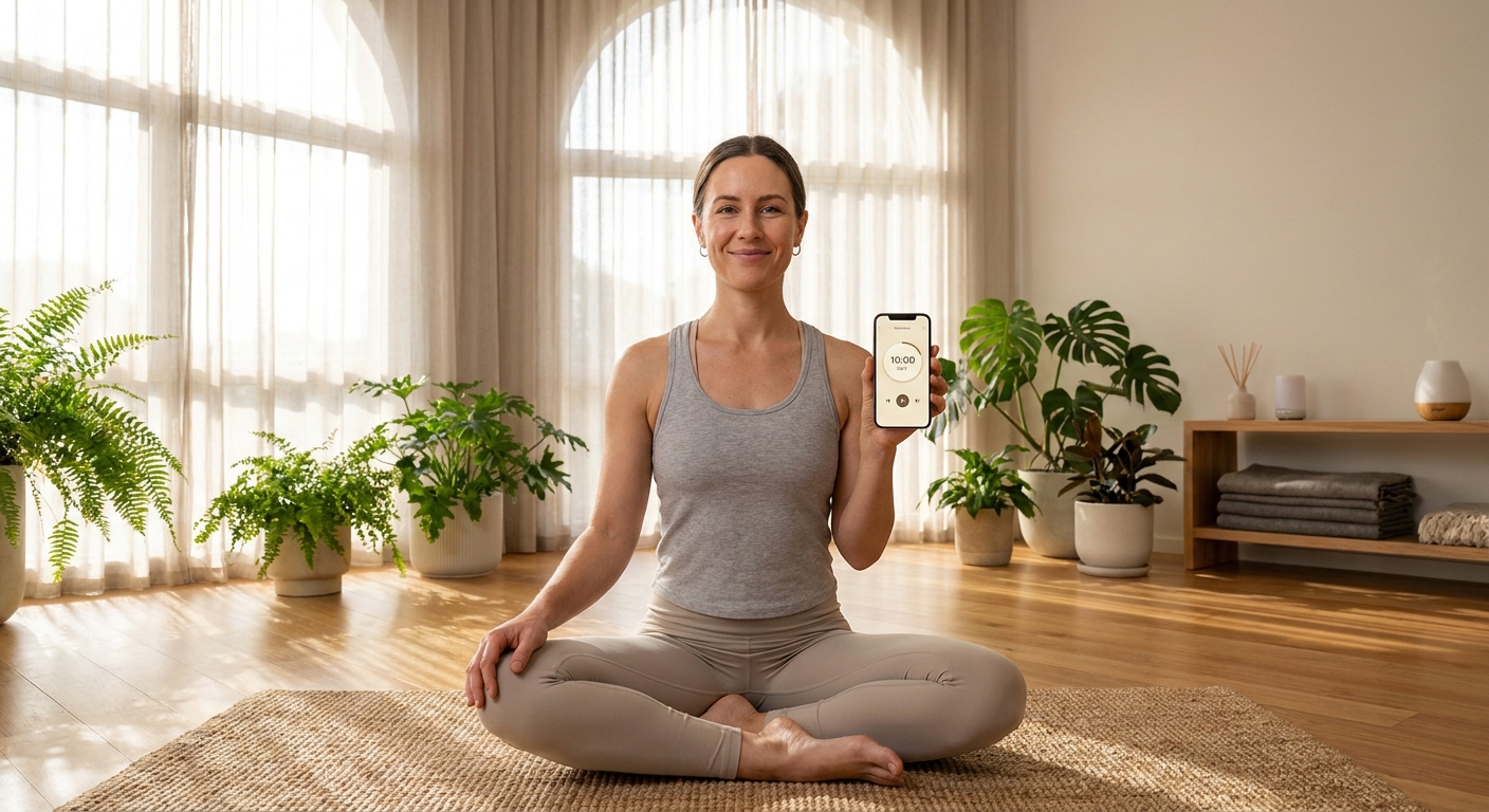 App personalizado para instrutor de meditação e body mind - Personal Millbody Instrutor de meditação em movimento usando aplicativo para personal trainer com interface de áudio e vibração