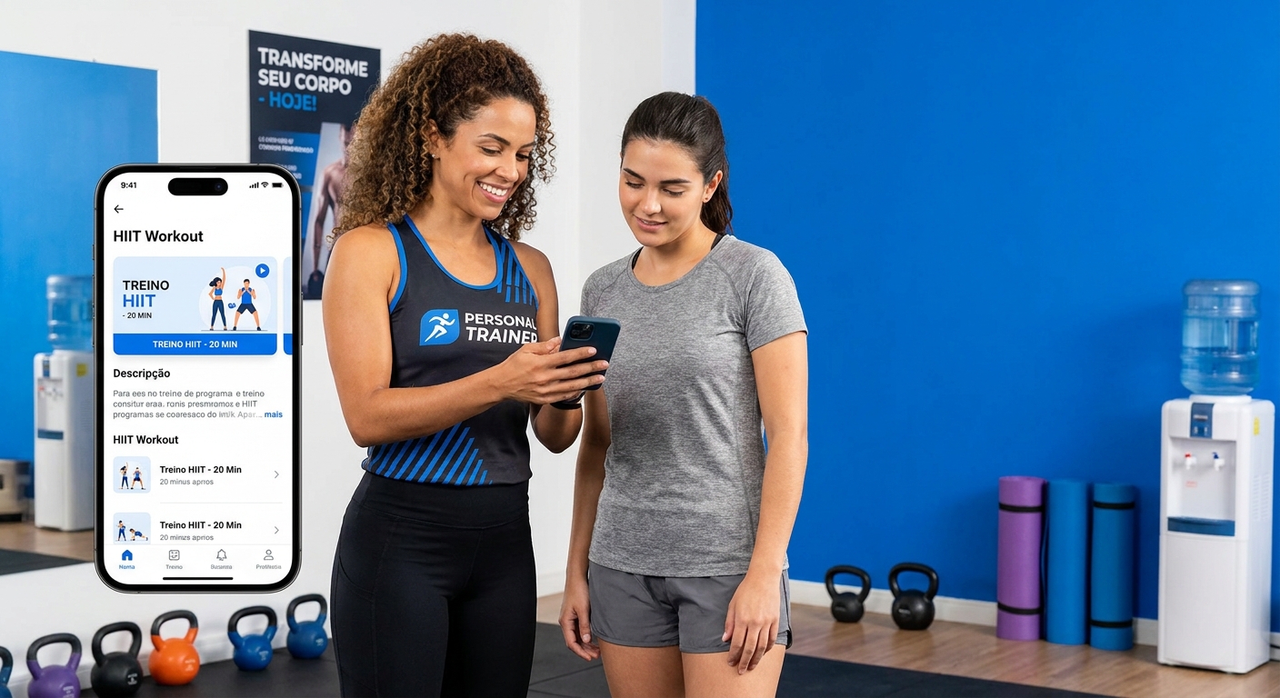 App para personal trainer Millbody em uso durante treino HIIT em 2026