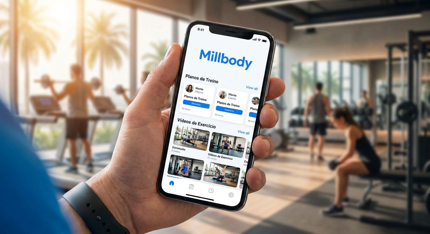 App para personal trainer Millbody sendo utilizado por profissional de educação física