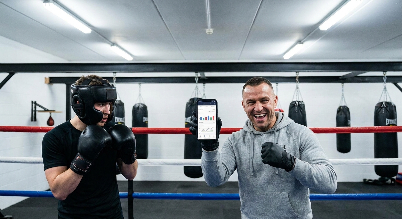 Preparador de boxe usando app Millbody para monitorar treinos no ringue