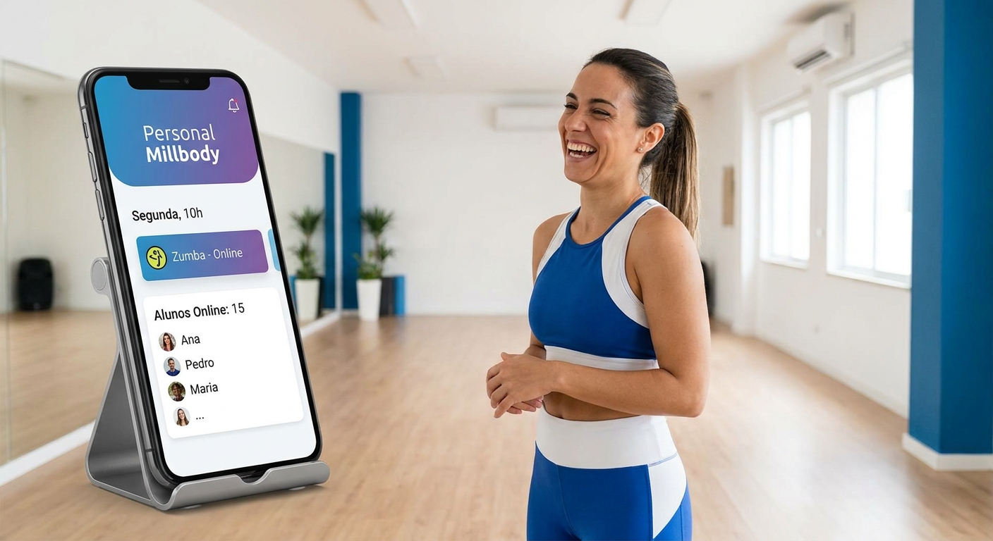 Professora de dança com celular mostrando o aplicativo Personal Millbody com agenda de aulas e alunos online