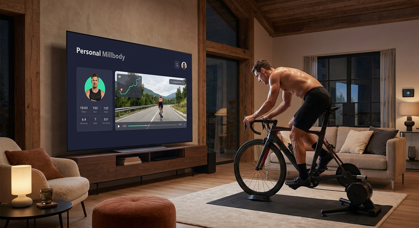Aplicativo Personal Millbody sendo exibido em TV de sala com aluno pedalando