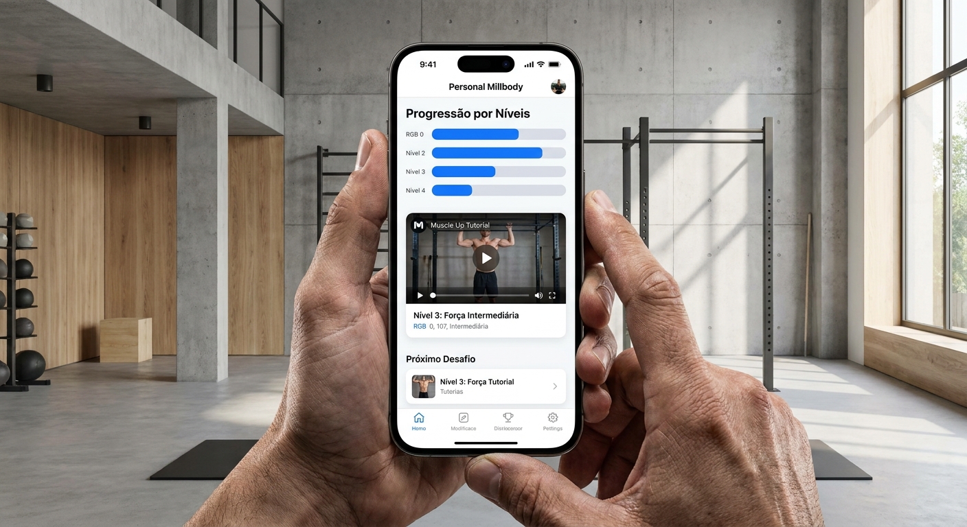 Mockup do app Personal Millbody mostrando tela de progressão por níveis na calistenia
