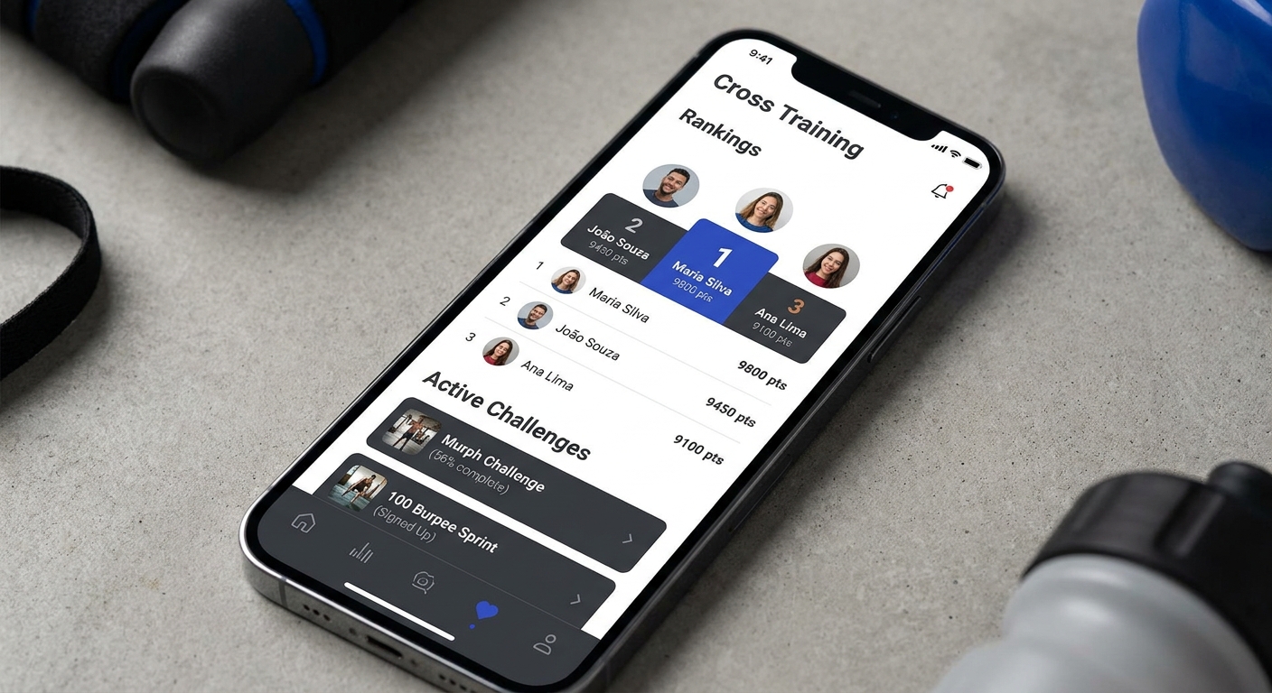 App para personal trainer exibindo leaderboard de Cross Training em smartphone