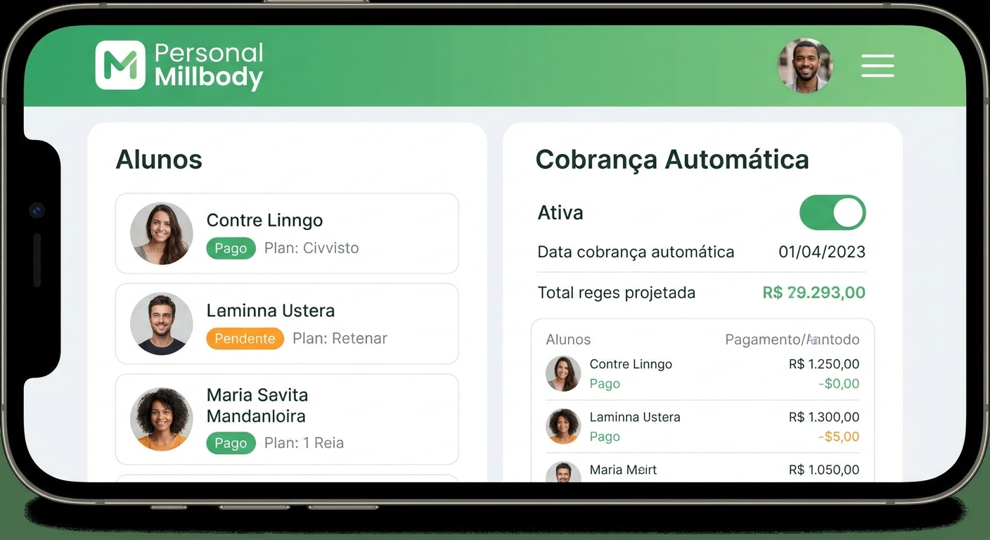 Interface do app Personal Millbody mostrando gestão de alunos e cobrança automática para personal trainer