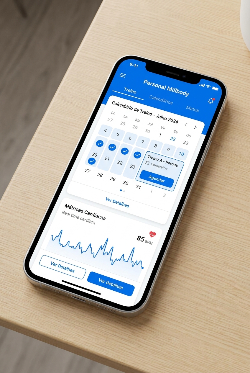 Tela do app Personal Millbody mostrando calendário de treinos e métricas de batimento cardíaco