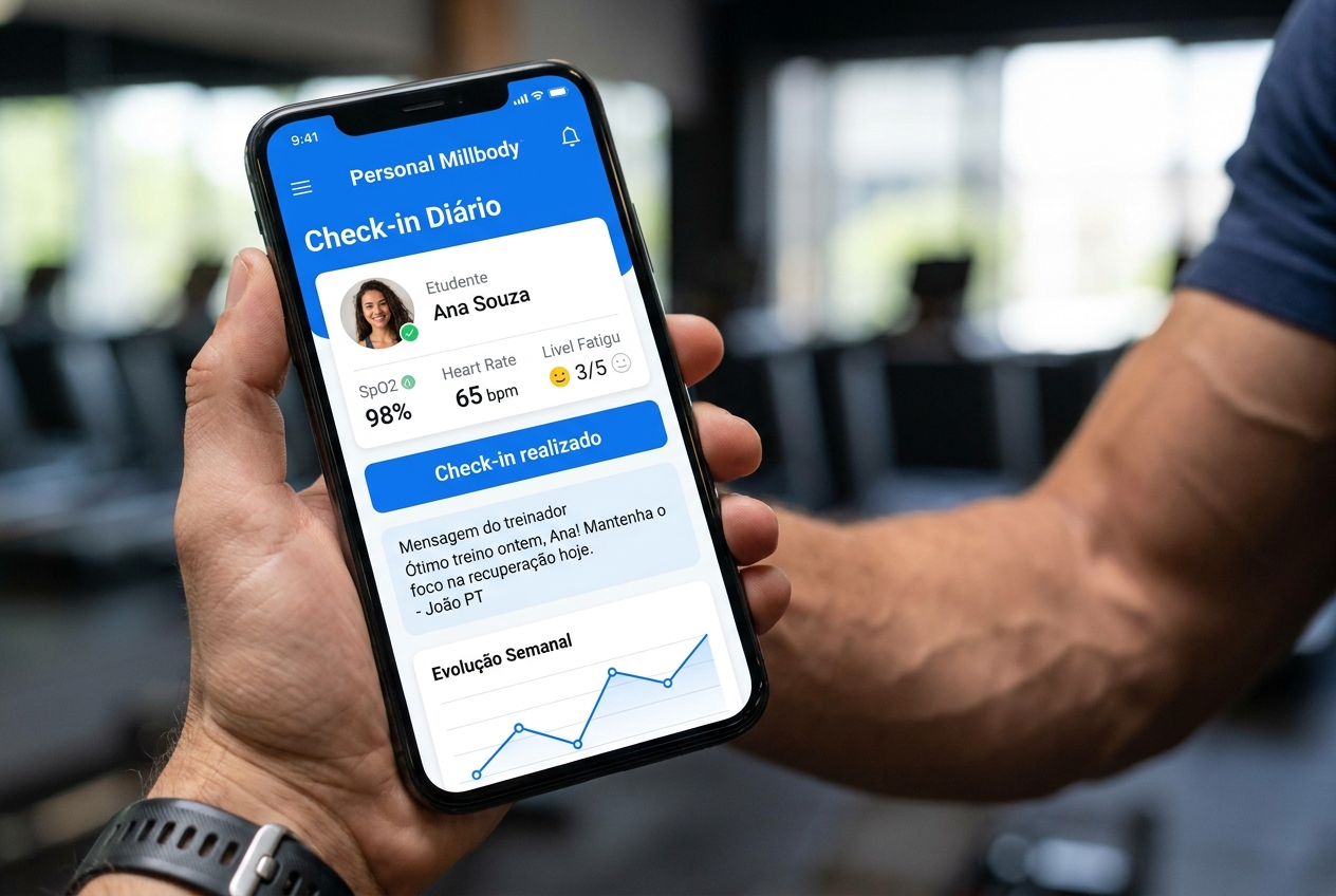 App Personal Millbody: exercícios pós-covid personal trainer com check-in diário de saturação e fadiga
