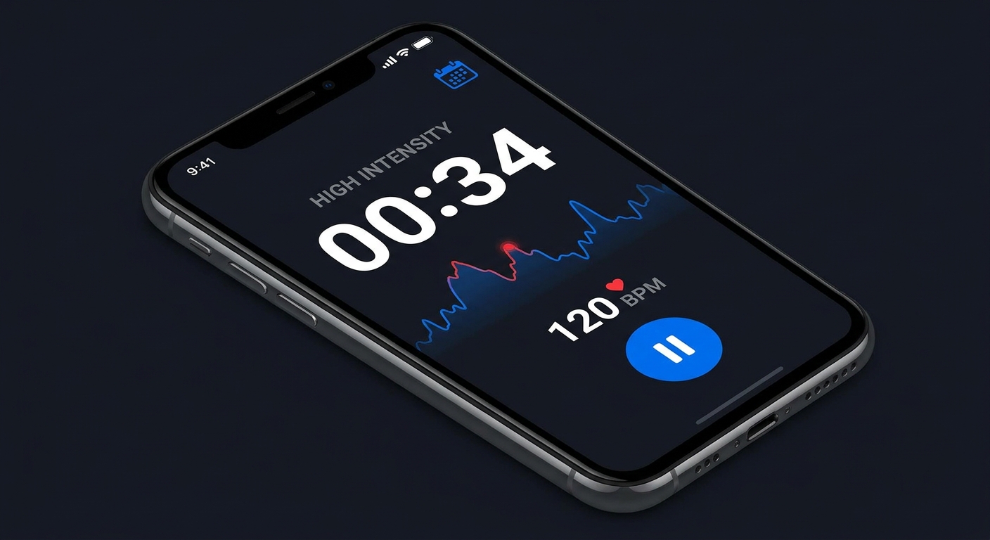 Screenshot do cronômetro do app Personal Millbody para treino HIIT na Capoeira com batimento cardíaco em tempo real