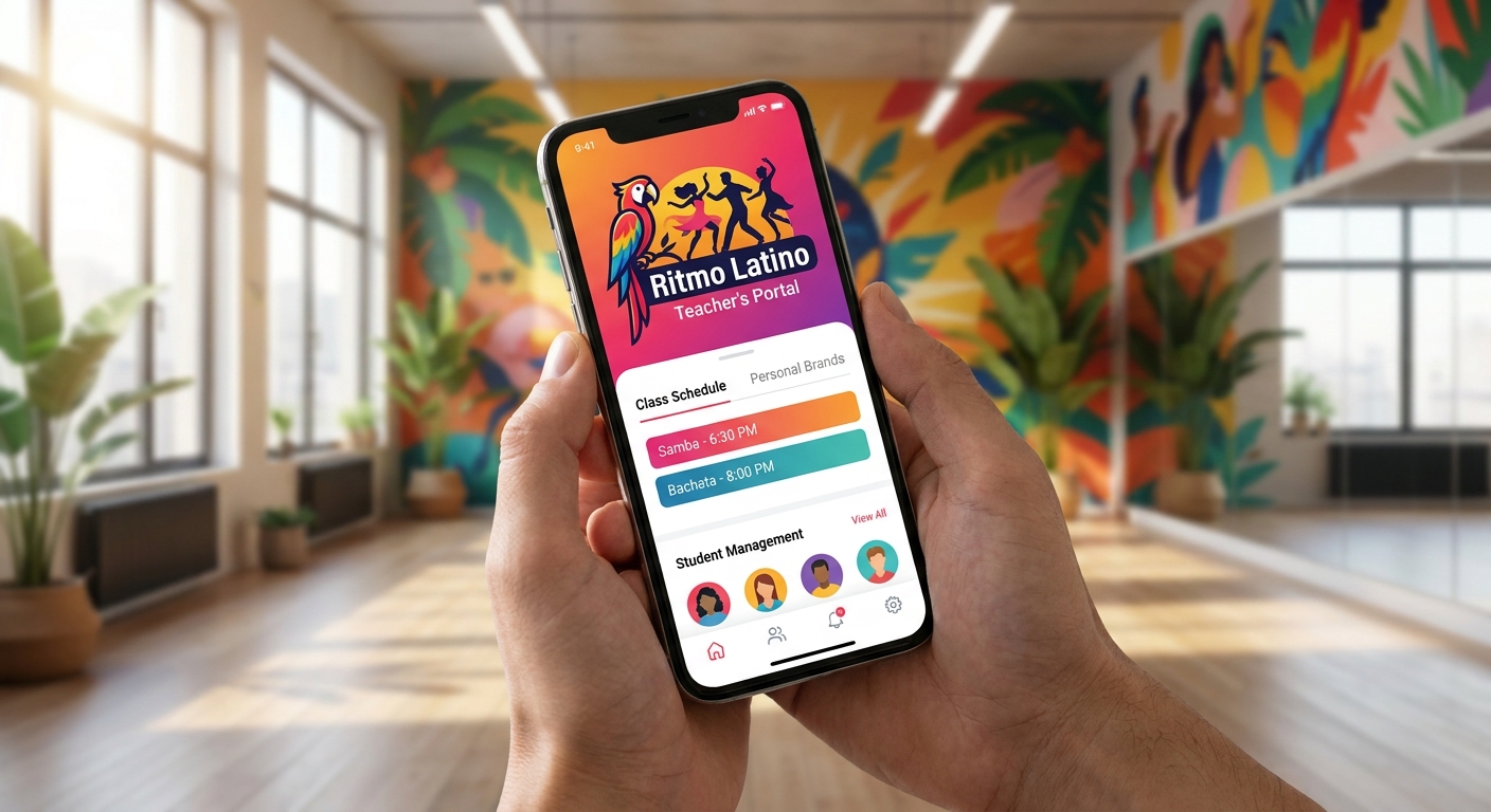Mockup do app Personal Millbody sendo usado por professor de dança latina