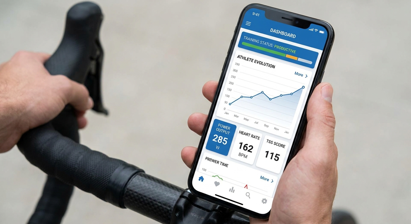 Dashboard do app Personal Millbody mostrando métricas de ciclismo como potência, FC e TSS