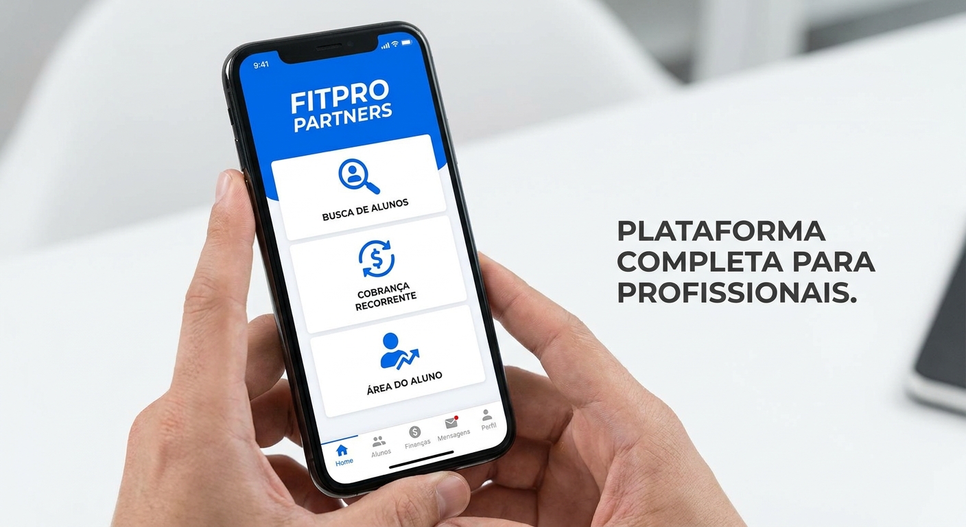 App personalizado do Personal Millbody mostrando funcionalidades de busca de alunos, cobrança recorrente e área do aluno - melhor plataforma para personal trainer