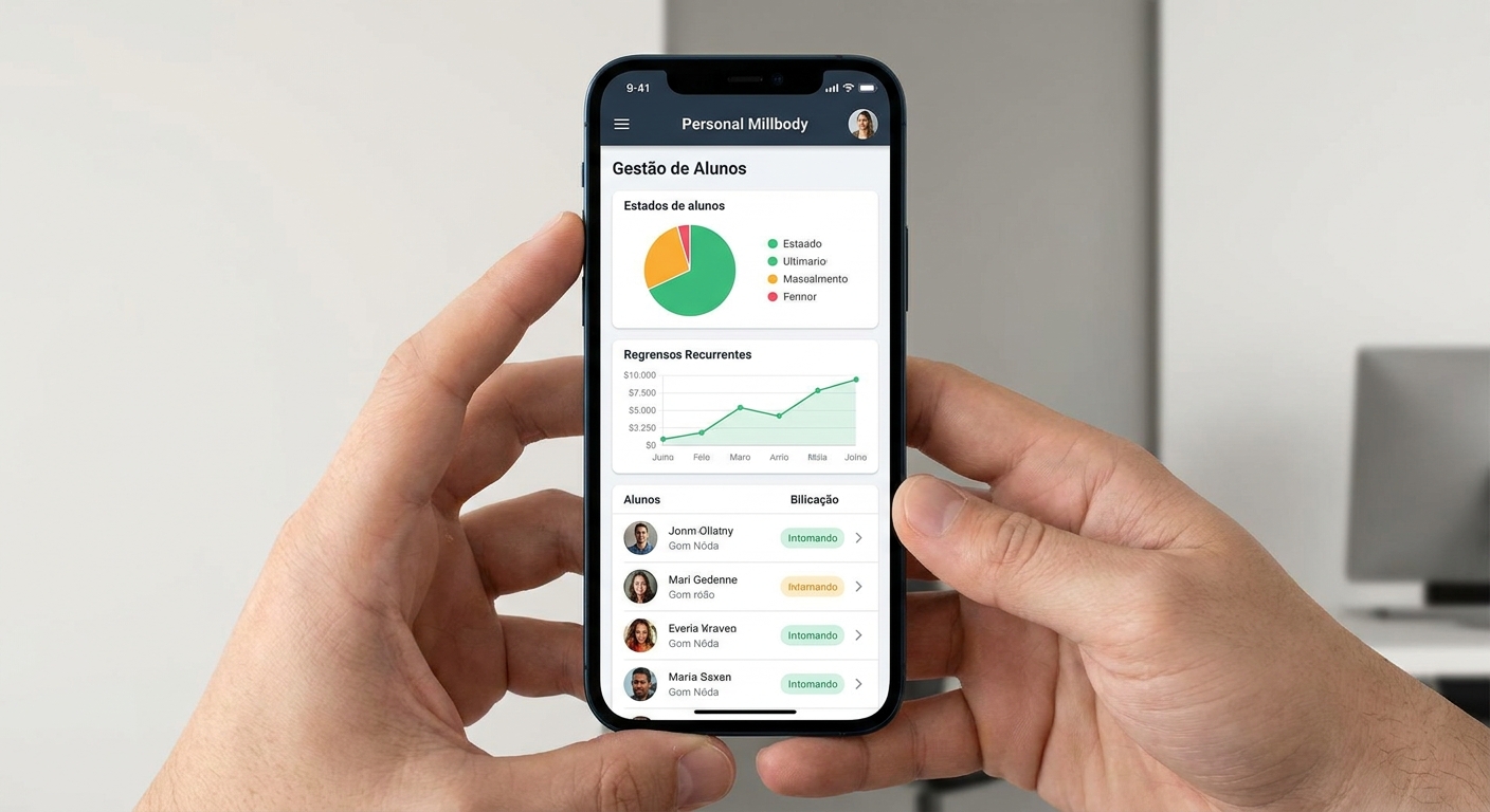 App Personal Millbody - Gestão de alunos personal trainer Mockup do app Personal Millbody mostrando tela de gestão de alunos e cobrança recorrente