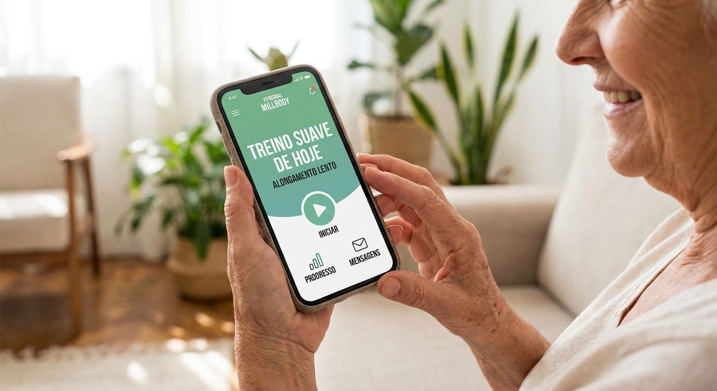 Aplicativo Personal Millbody na mão de um idoso com tela de treino suave e interface amigável