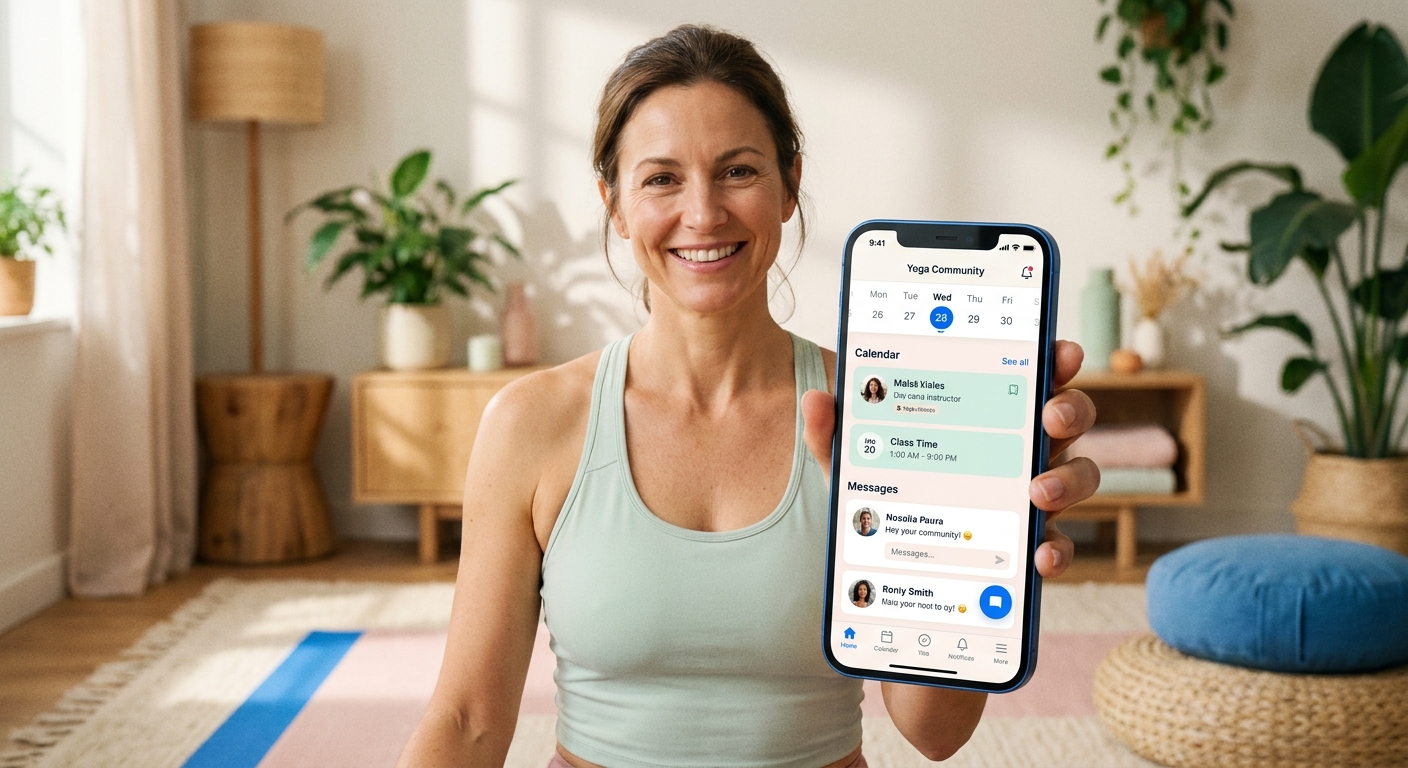 Aplicativo para instrutor de yoga - Personal Millbody Instrutora de yoga usando app Personal Millbody para gerenciar comunidade e calendário de práticas