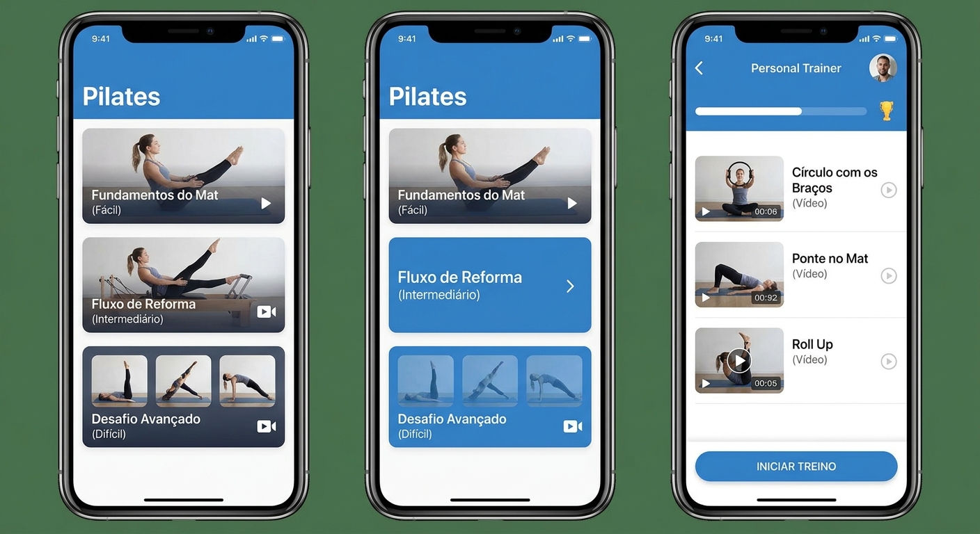 App Personal Millbody – interface de sequências de Pilates com níveis de dificuldade