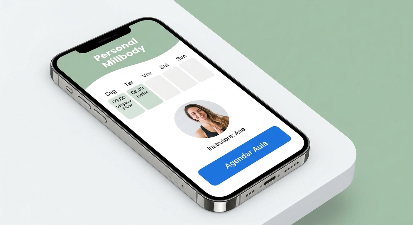 Interface do aplicativo Personal Millbody com calendário de aulas de yoga organizado e intuitivo