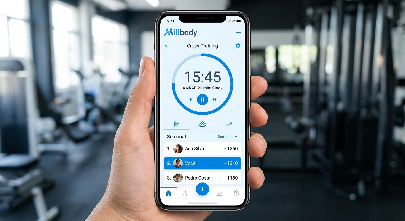 App Personal Millbody com funcionalidades de leaderboard e timer para cross training