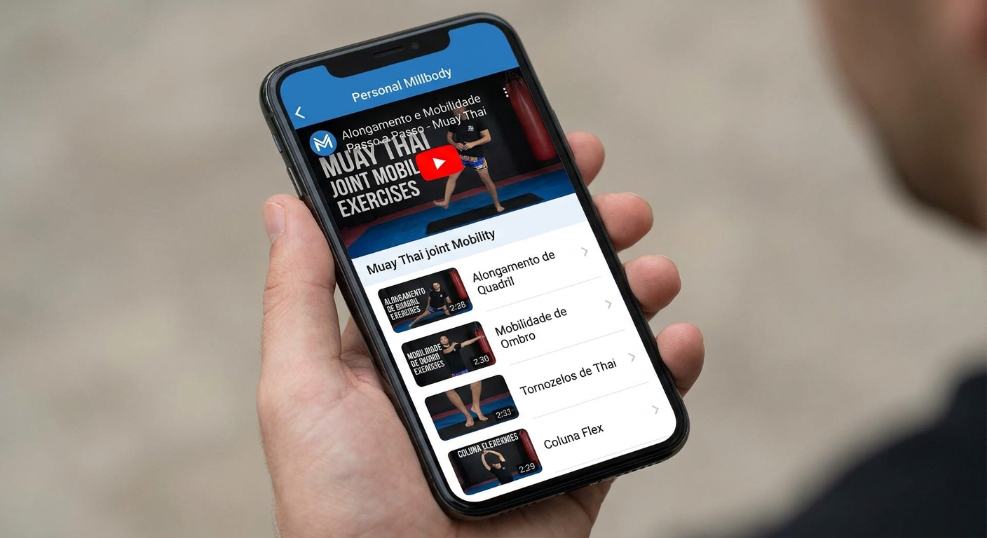 App Personal Millbody exibindo exercícios de mobilidade articular para Muay Thai com vídeo passo a passo para personal trainer prescrever treinos