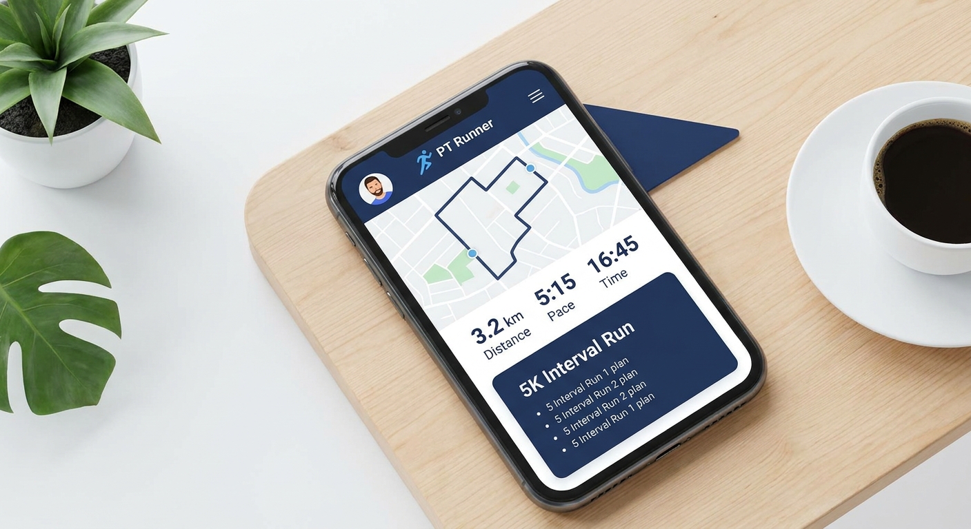 Mockup do app Personal Millbody exibindo tela de treino de corrida para personal trainer feminino