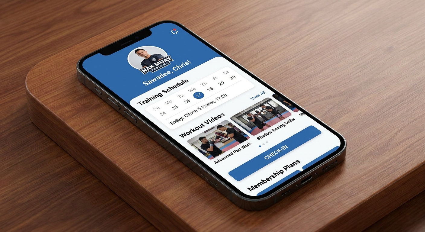 Exemplo de aplicativo personalizado de Muay Thai na tela de um smartphone