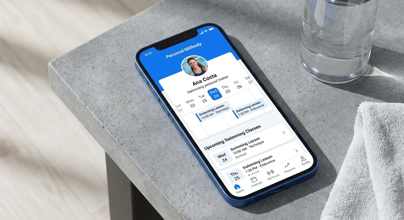 Tela do aplicativo Personal Millbody mostrando agendamento de aulas de natação, interface moderna em azul e branco