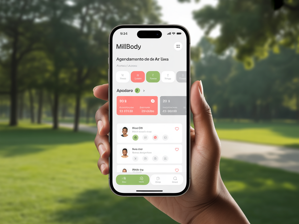 Interface do aplicativo Personal Millbody em um celular, mostrando a facilidade de gerenciar treinos ao ar livre.