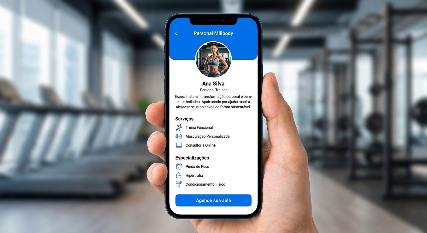 app personal trainer terceira idade mostrando perfil do profissional no Personal Millbody com botão Agende sua aula