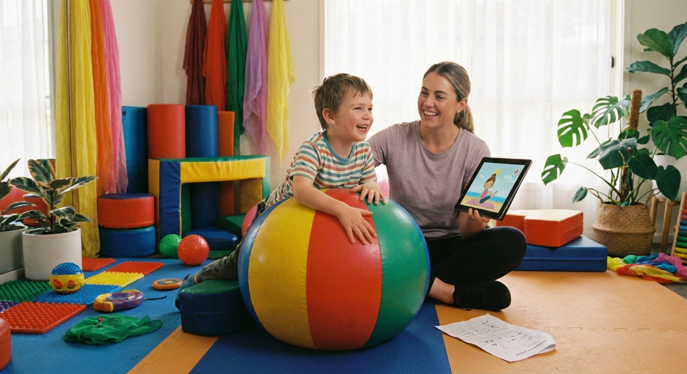 Educadora usando app Personal Millbody durante aula de pilates adaptado para criança com autismo