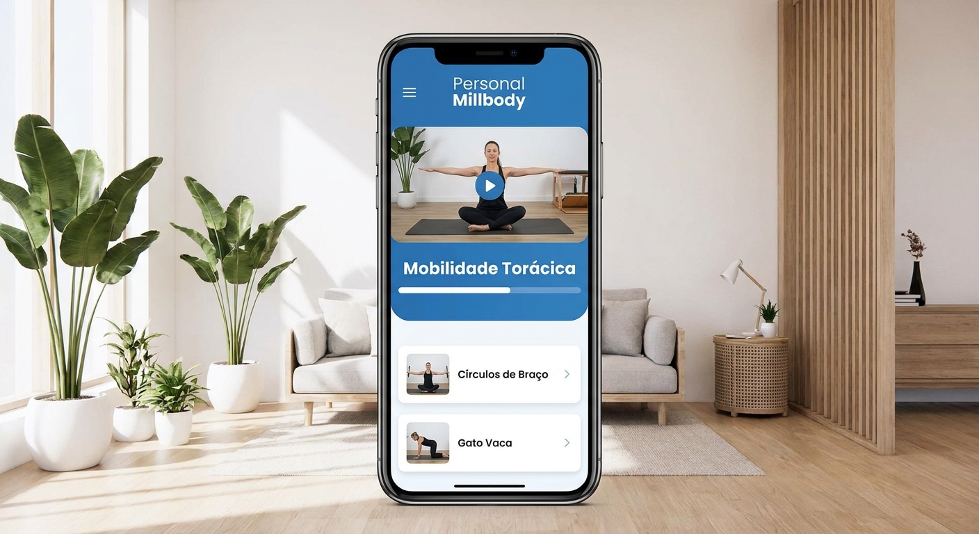 App para personal trainer Personal Millbody exibindo sequência guiada de Pilates no smartphone