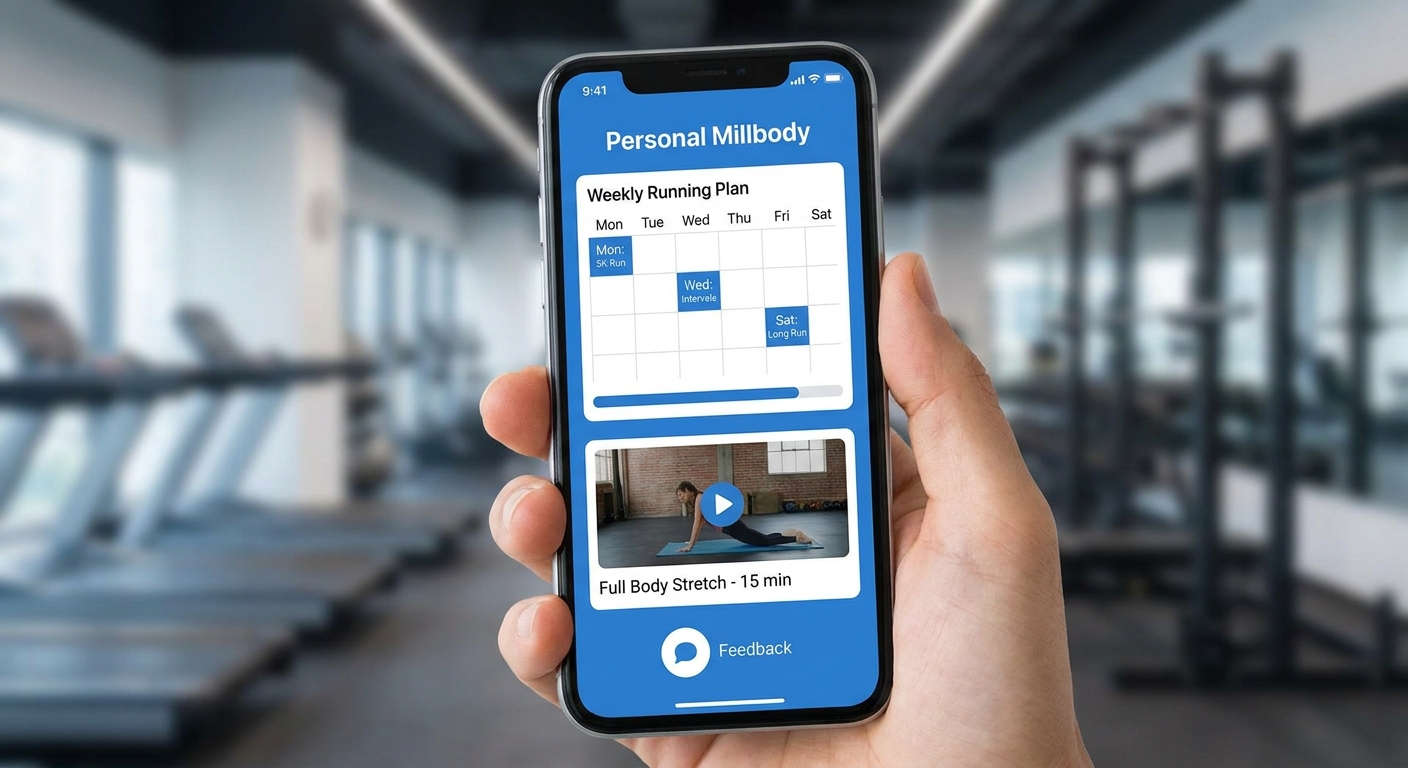 App Personal Millbody mostrando planilha semanal de corrida com vídeo de alongamento e feedback do coach