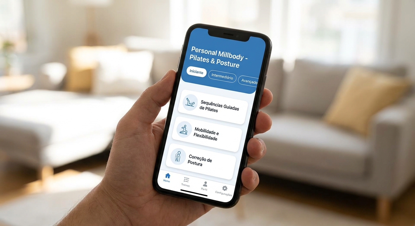 App Personal Millbody - Sequências guiadas de Pilates Tela do aplicativo Personal Millbody mostrando sequências guiadas de Pilates com níveis de dificuldade
