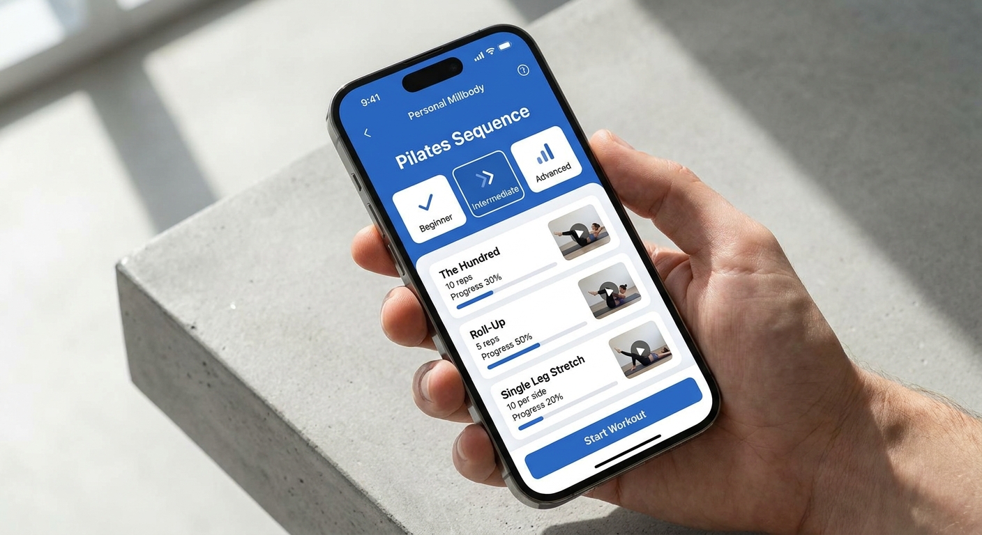 Mockup do app Personal Millbody exibindo sequência guiada com níveis Iniciante, Intermediário e Avançado